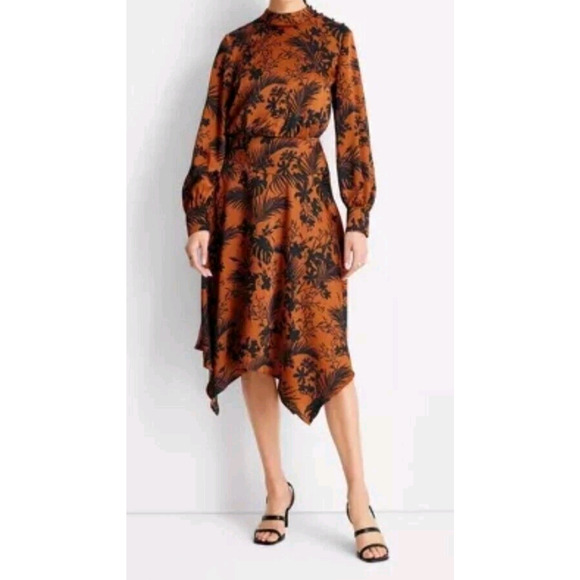 Future Collective x Kahlana Barfield Brown Dresses & Skirts - Future Collective Kahlana Barfieild Brown floral satin asymmetrical dress Large
